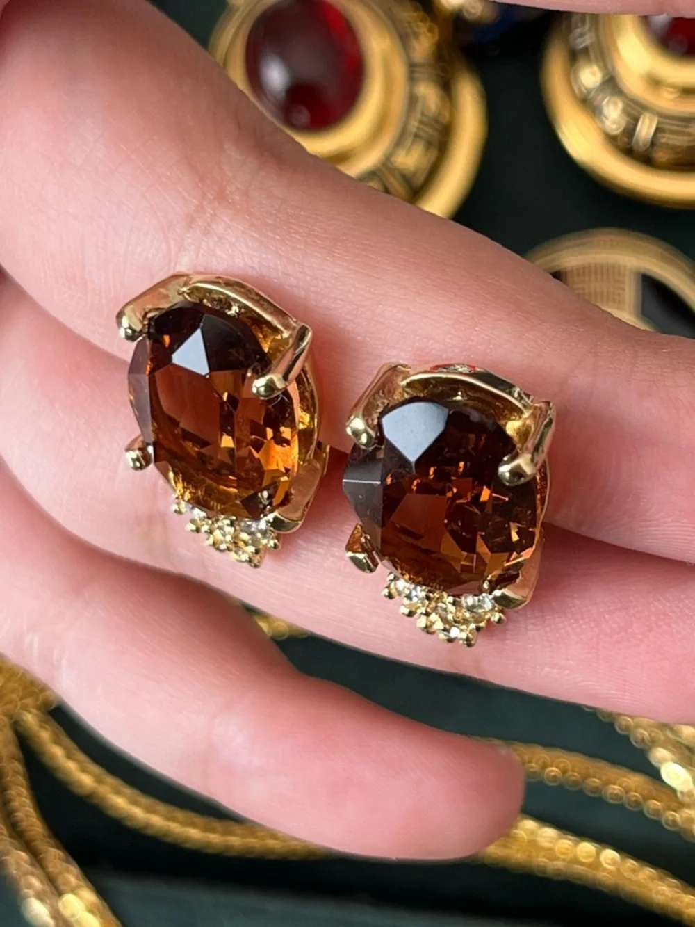 Authentic Vintage Dior Oval Brown Glass Stone Crystal Prong Gold Clip Earrings